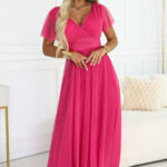 562-9 NASTIA Długa sukienka z dekoltem, wiązaniem i krótkim rękawkiem - malinowy sorbet-1