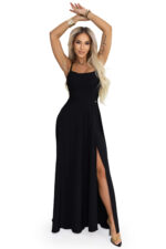 589-5 Sukienka maxi na ramiączkach z gorsetowym wiązaniem na plecach i rozcięciem - czarna-10