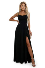 589-5 Sukienka maxi na ramiączkach z gorsetowym wiązaniem na plecach i rozcięciem - czarna-11