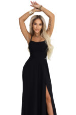 589-5 Sukienka maxi na ramiączkach z gorsetowym wiązaniem na plecach i rozcięciem - czarna-12