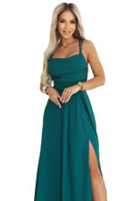 589-6 Sukienka maxi na ramiączkach z gorsetowym wiązaniem na plecach i rozcięciem - zieleń butelkowa-9