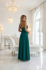 589-6 Sukienka maxi na ramiączkach z gorsetowym wiązaniem na plecach i rozcięciem - zieleń butelkowa-8