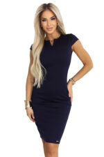 608-2 Zmysłowa ołówkowa sukienka z krótkim rękawkiem i ozdobnym dekoltem - granatowa-9