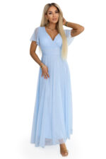 635-6 MELANIA długa błyszcząca suknia z dekoltem i krótkim rękawkiem - błękitna-9
