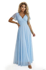 635-6 MELANIA długa błyszcząca suknia z dekoltem i krótkim rękawkiem - błękitna-11