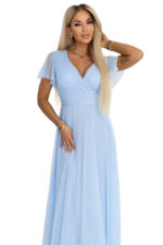 635-6 MELANIA długa błyszcząca suknia z dekoltem i krótkim rękawkiem - błękitna-12