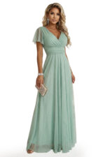 635-8 MELANIA długa błyszcząca suknia z dekoltem i krótkim rękawkiem - pistacjowa-8
