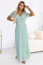 635-8 MELANIA długa błyszcząca suknia z dekoltem i krótkim rękawkiem - pistacjowa-1