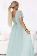 635-8 MELANIA długa błyszcząca suknia z dekoltem i krótkim rękawkiem - pistacjowa-5