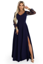 640-3 LORETTA wyjątkowa długa sukienka z tiulowymi rękawami i dekoltem - granatowa-9