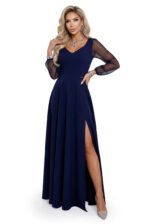 640-3 LORETTA wyjątkowa długa sukienka z tiulowymi rękawami i dekoltem - granatowa-11