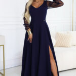 640-3 LORETTA wyjątkowa długa sukienka z tiulowymi rękawami i dekoltem - granatowa-1