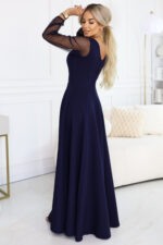 640-3 LORETTA wyjątkowa długa sukienka z tiulowymi rękawami i dekoltem - granatowa-3
