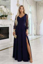 640-3 LORETTA wyjątkowa długa sukienka z tiulowymi rękawami i dekoltem - granatowa-8