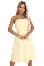 641-3 VIVIENNE gorsetowa rozkloszowana sukienka midi z paskiem - pastelowy żółty-11