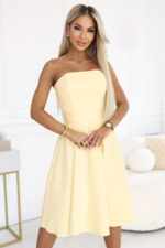 641-3 VIVIENNE gorsetowa rozkloszowana sukienka midi z paskiem - pastelowy żółty-4