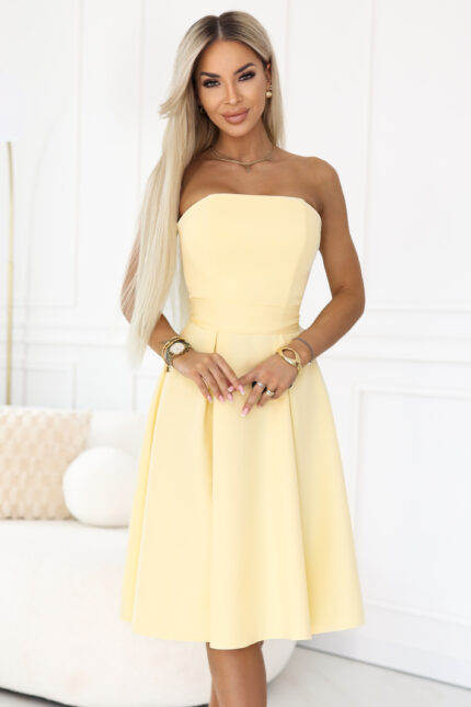 641-3 VIVIENNE gorsetowa rozkloszowana sukienka midi z paskiem - pastelowy żółty-1