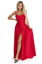 646-3 Długa sukienka wieczorowa na ramiączkach z rozcięciem na nodze - czerwona-9