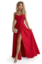 646-3 Długa sukienka wieczorowa na ramiączkach z rozcięciem na nodze - czerwona-8