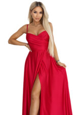 646-3 Długa sukienka wieczorowa na ramiączkach z rozcięciem na nodze - czerwona-11