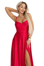 646-3 Długa sukienka wieczorowa na ramiączkach z rozcięciem na nodze - czerwona-10
