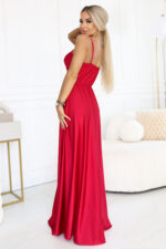 646-3 Długa sukienka wieczorowa na ramiączkach z rozcięciem na nodze - czerwona-6