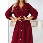 651-2 Szmizjerka - koszulowa sukienka midi z guzikami i paskiem - bordowa-1