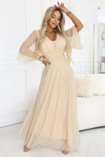 654-2 Długa połyskująca sukienka plus size z dekoltem i transparentnym rękawkiem - szampański beż-4
