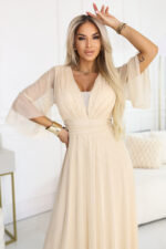 654-2 Długa połyskująca sukienka plus size z dekoltem i transparentnym rękawkiem - szampański beż-5