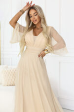 654-2 Długa połyskująca sukienka plus size z dekoltem i transparentnym rękawkiem - szampański beż-7