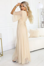 654-2 Długa połyskująca sukienka plus size z dekoltem i transparentnym rękawkiem - szampański beż-6