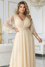 654-2 Długa połyskująca sukienka plus size z dekoltem i transparentnym rękawkiem - szampański beż-3