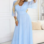 654-3 Długa połyskująca sukienka plus size z dekoltem i transparentnym rękawkiem - błękitna-1