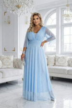 654-3 Długa połyskująca sukienka plus size z dekoltem i transparentnym rękawkiem - błękitna-7
