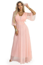 654-4 Długa połyskująca sukienka plus size z dekoltem i transparentnym rękawkiem - brzoskwiniowa-9