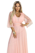 654-4 Długa połyskująca sukienka plus size z dekoltem i transparentnym rękawkiem - brzoskwiniowa-10