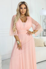 654-4 Długa połyskująca sukienka plus size z dekoltem i transparentnym rękawkiem - brzoskwiniowa-2