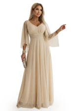 655-4 Długa połyskująca w świetle suknia z dekoltem i transparentnym rękawkiem - szampański beż-13