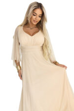 655-4 Długa połyskująca w świetle suknia z dekoltem i transparentnym rękawkiem - szampański beż-12