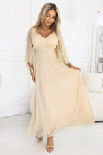 655-4 Długa połyskująca w świetle suknia z dekoltem i transparentnym rękawkiem - szampański beż-2