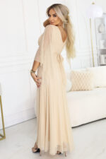 655-4 Długa połyskująca w świetle suknia z dekoltem i transparentnym rękawkiem - szampański beż-4