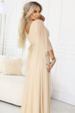 655-4 Długa połyskująca w świetle suknia z dekoltem i transparentnym rękawkiem - szampański beż-6