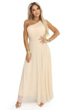 656-2 Długa błyszcząca suknia wieczorowa na jedno ramię - szampański beż-10