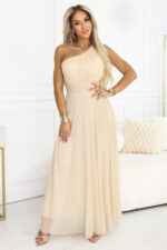 656-2 Długa błyszcząca suknia wieczorowa na jedno ramię - szampański beż-2