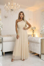 656-2 Długa błyszcząca suknia wieczorowa na jedno ramię - szampański beż-8