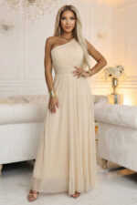 656-2 Długa błyszcząca suknia wieczorowa na jedno ramię - szampański beż-6