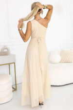 656-2 Długa błyszcząca suknia wieczorowa na jedno ramię - szampański beż-3