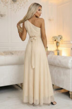 656-2 Długa błyszcząca suknia wieczorowa na jedno ramię - szampański beż-7