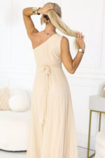 656-2 Długa błyszcząca suknia wieczorowa na jedno ramię - szampański beż-5