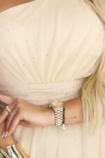 656-2 Długa błyszcząca suknia wieczorowa na jedno ramię - szampański beż-9